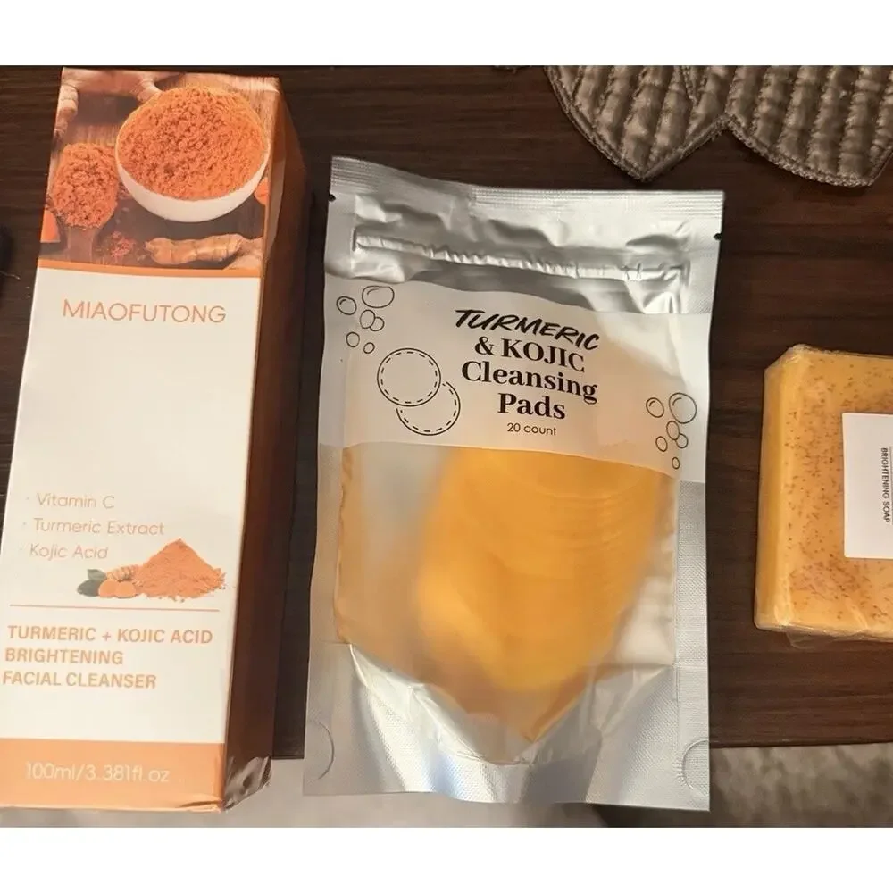 MIAOFUTONG Turmeric + Kojic Brightening Set Cleanser Pads Soap, Vit C
